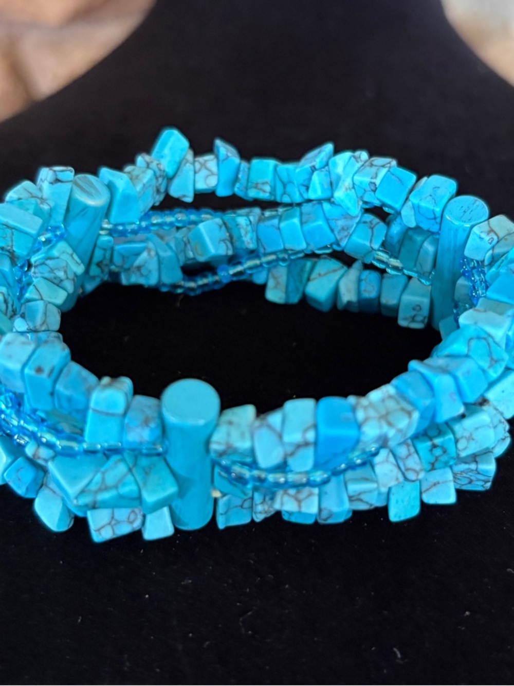 Turquoise Chip Stone Multi-Strand Stretch Bracelet - Blue 7 inch - Picture 2 of 6